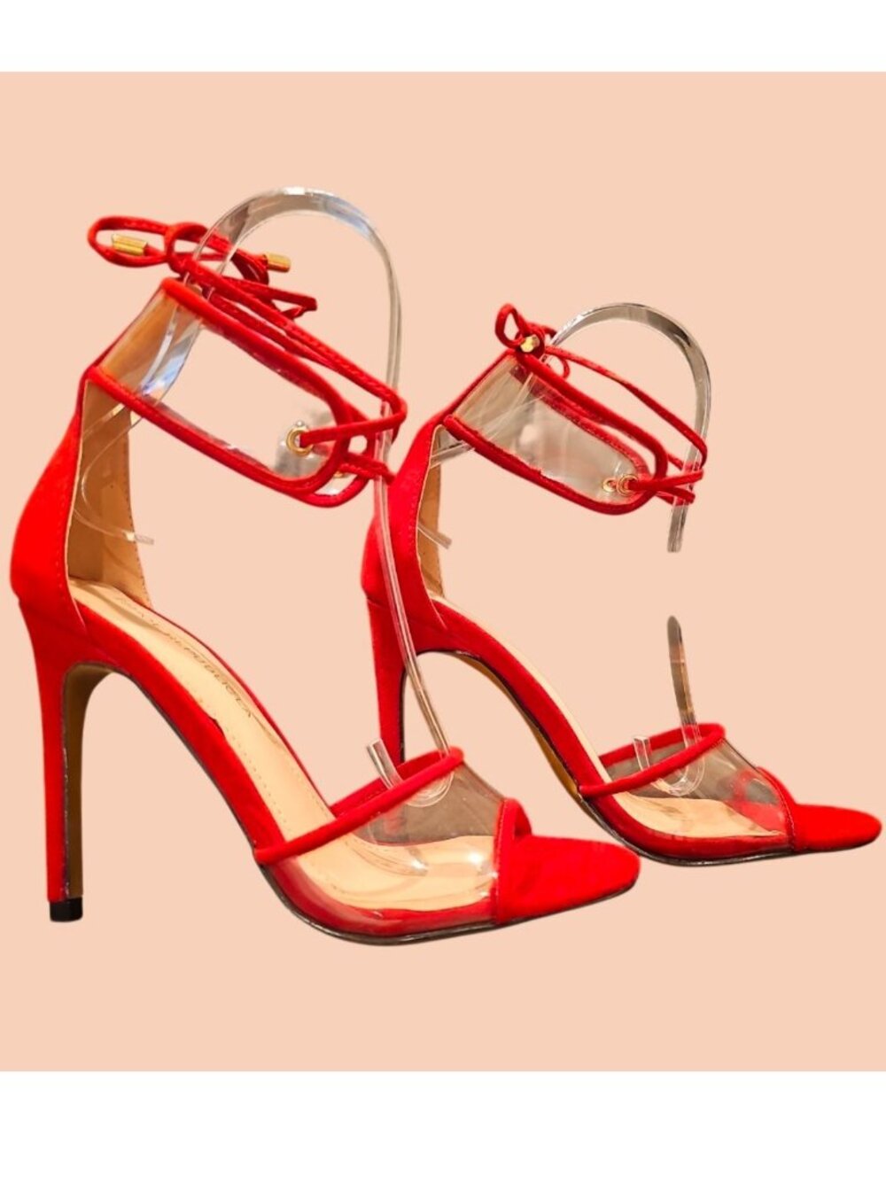 Strappy Red High Heels With Clear PVC Accents & Lace-Up Ankle Straps Stilettos